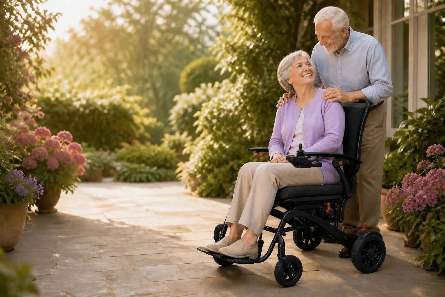 Elderly couple enjoying golden-hour garden time with KANGFUWO carbon fiber electric wheelchair